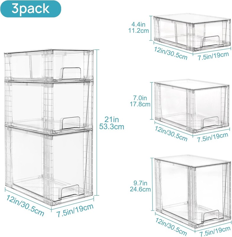 Vtopmart 3 Pack Clear Stackable Storage Drawers,Easy to Assemble Bathroom Organi gallery