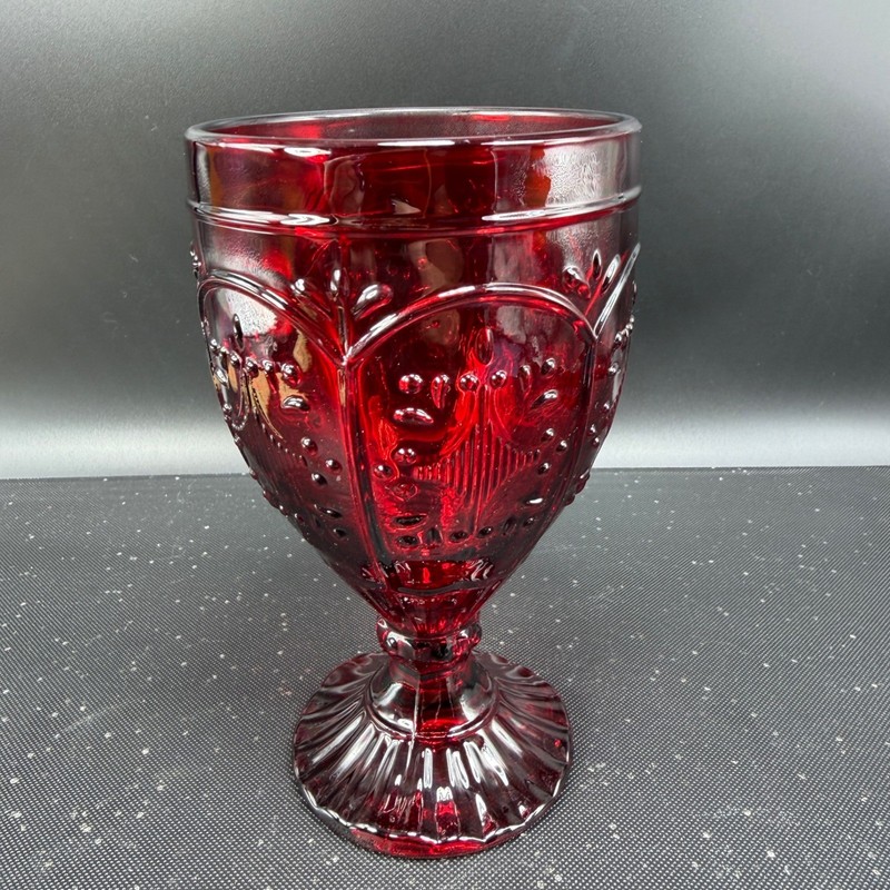 Fitz & Floyd Trestle Ruby Glass Goblets Embossed Medallion Teardrop Pattern Set2 gallery