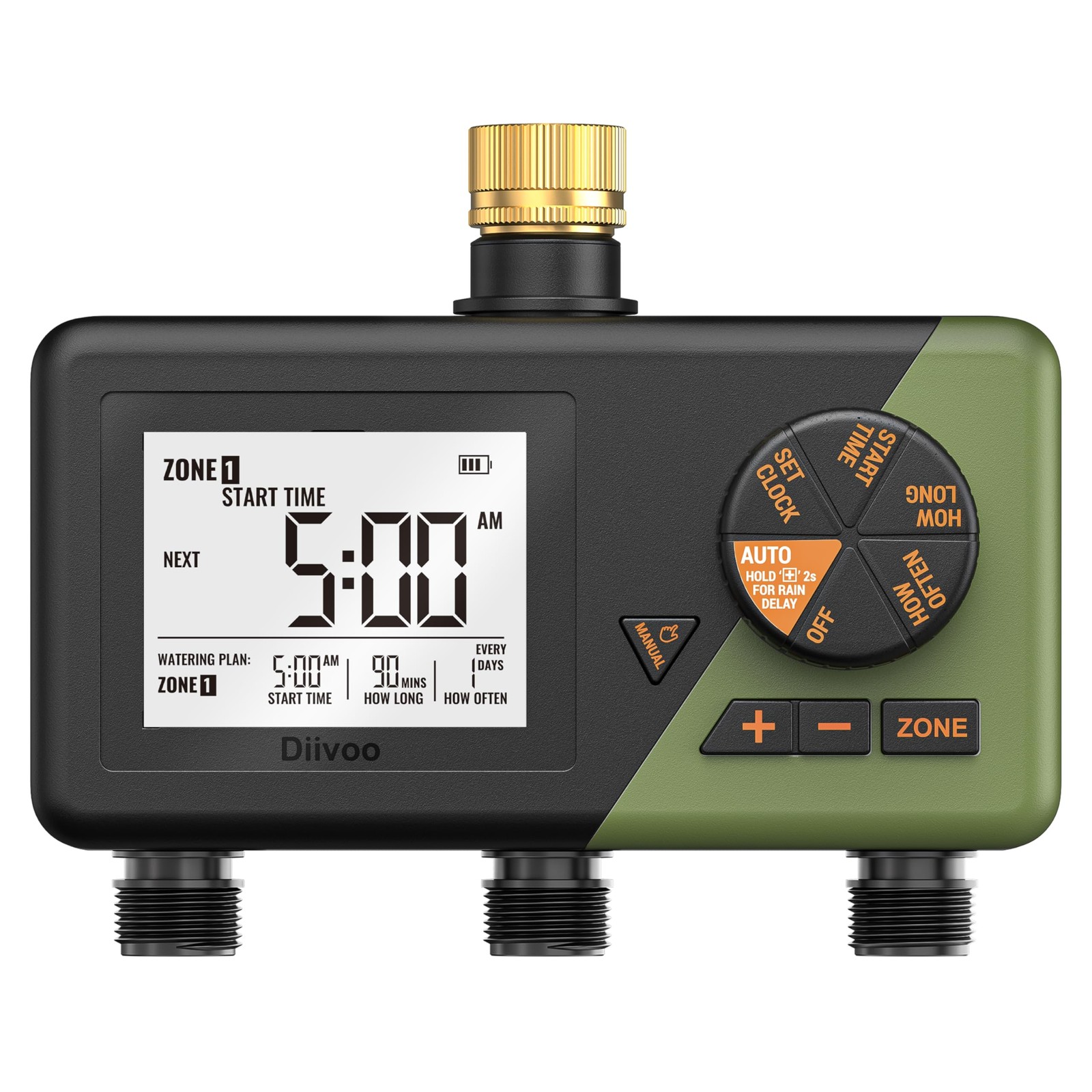 Diivoo Brass 3 Zone Sprinkler Timer, Programmable Hose 3 Outlets, Green gallery