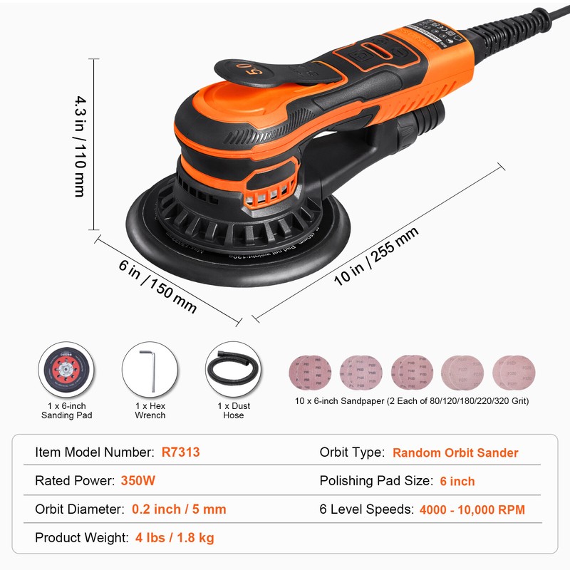 Random Orbital Sander 6'' Palm Sander 10000 PRM 10 PCS Sandpapers 6 Speeds gallery