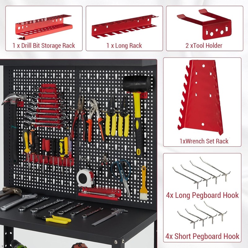 32" Workshop Table Work Bench Garage Steel Tool Storage 2-Tier Shelves PegBoard gallery