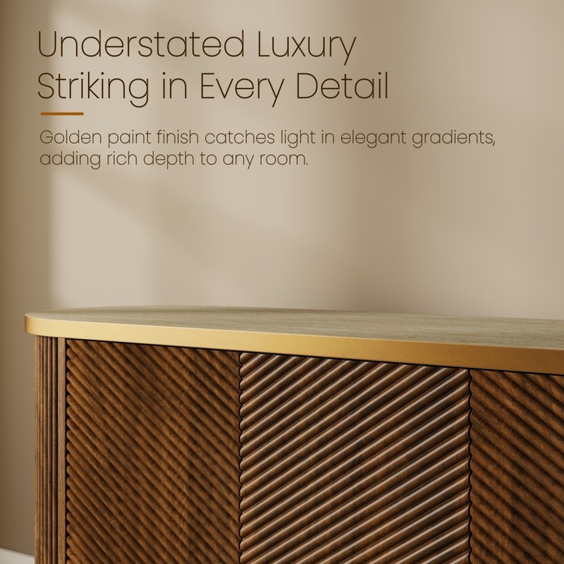63" Fluted Sideboard, 4-Door Walnut Buffet Credenza, Gold Trim, Faux Marble Top gallery