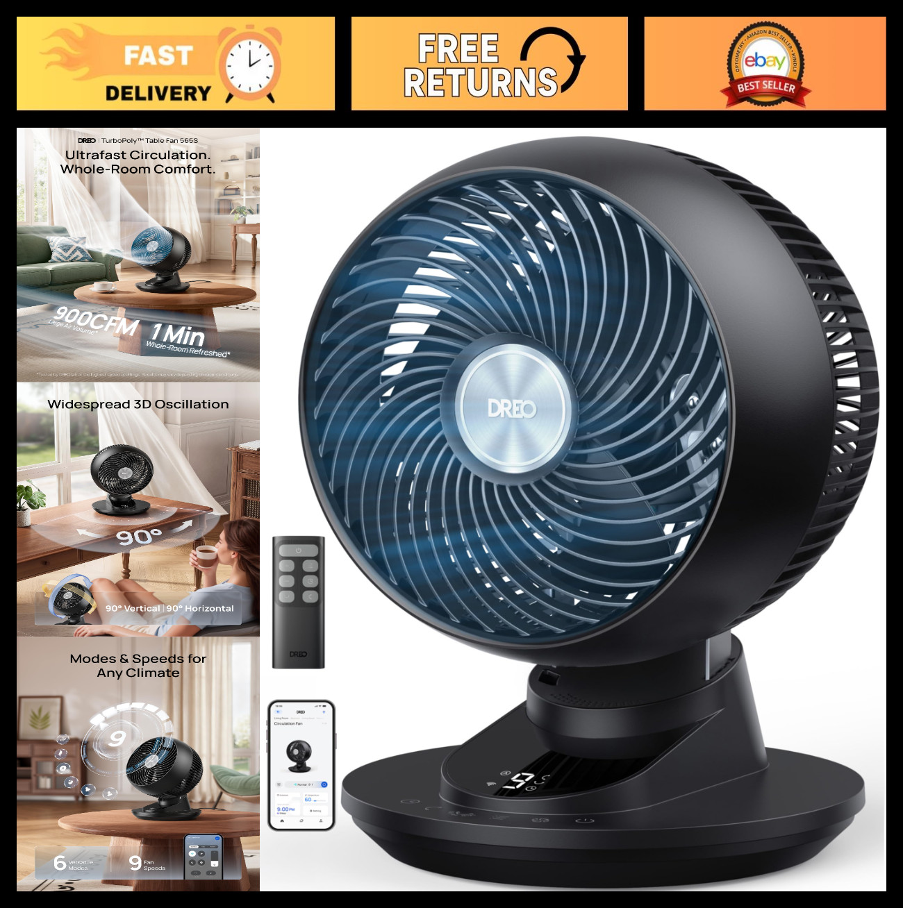 Powerful 12" Smart Desk Fan, 85 ft Airflow, Quiet 20dB, 9 Speeds, Oscillating, A gallery