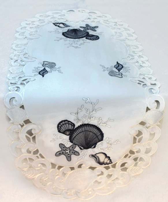 Doily Boutique Table Runner, Doily, Mantel Scarf with Blue Seashells on White gallery