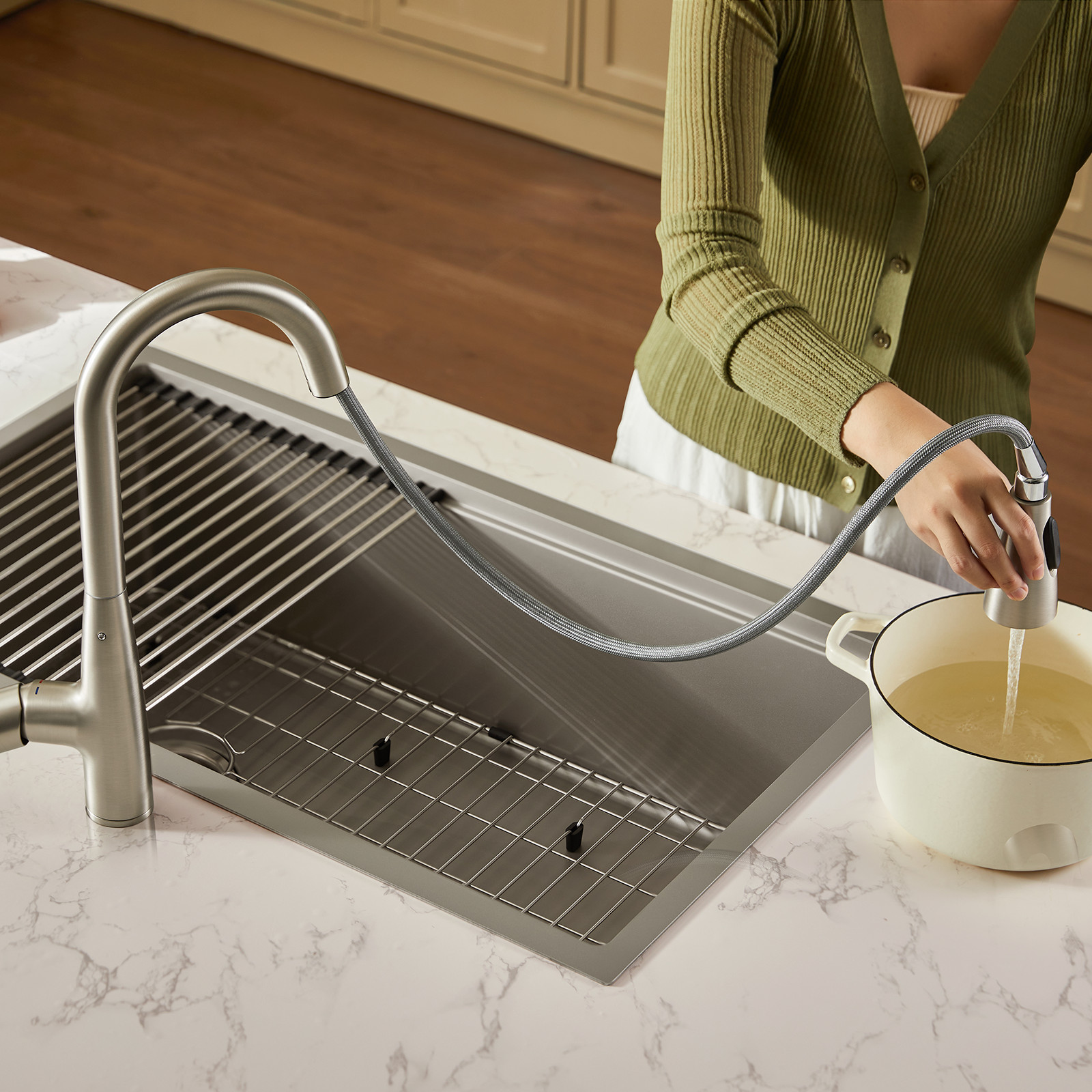 JOMOO Brushed Nickel/Chrome Kitchen Faucet, Pull Down Sprayer,Bar/RV gallery