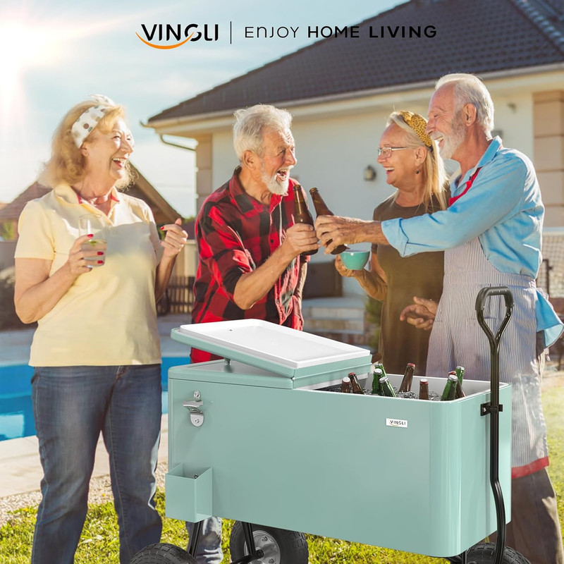 VINGLI 80 Quart Wagon Rolling Cooler Ice Chest, W/Long Handle and 10" Wheels, Po gallery