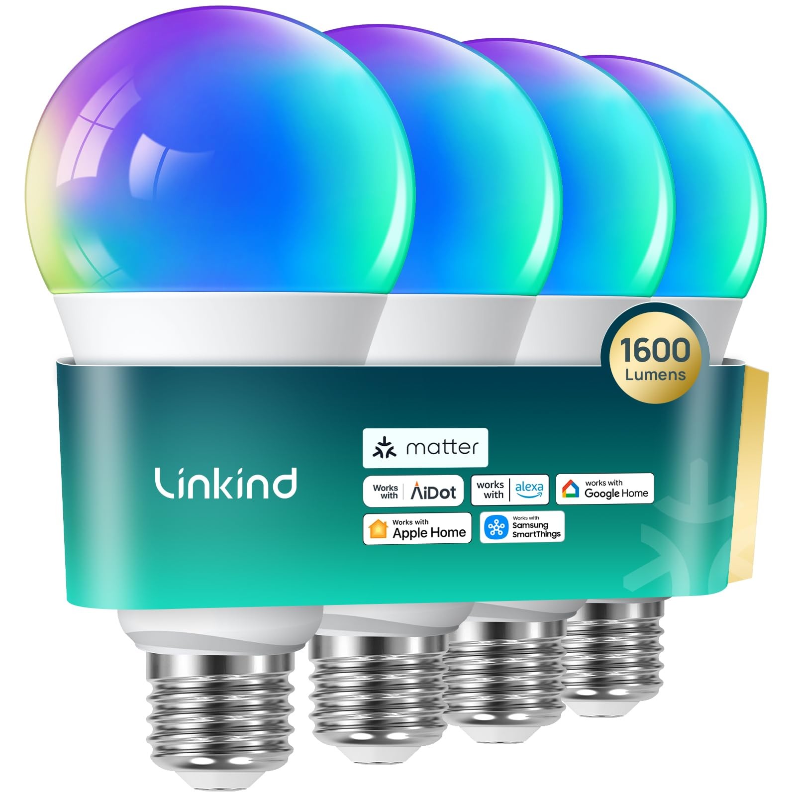 Smart Light Bulbs 100W 1600LM RGBTW LED Wi Fi 2.4GHz 4 Pack Linkind Matter Work gallery