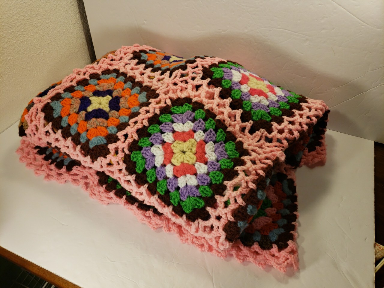 Handmade vintage granny square crocheted afghan blanket Large 60” X 79” Hot Pink gallery