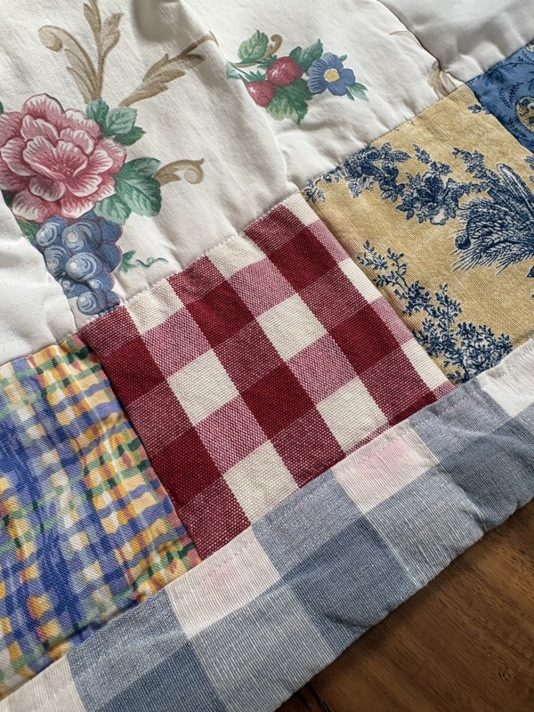 Vintage Handmade Machine Stitched Heavy Floral & Gingham Block Quilt 66x62” gallery