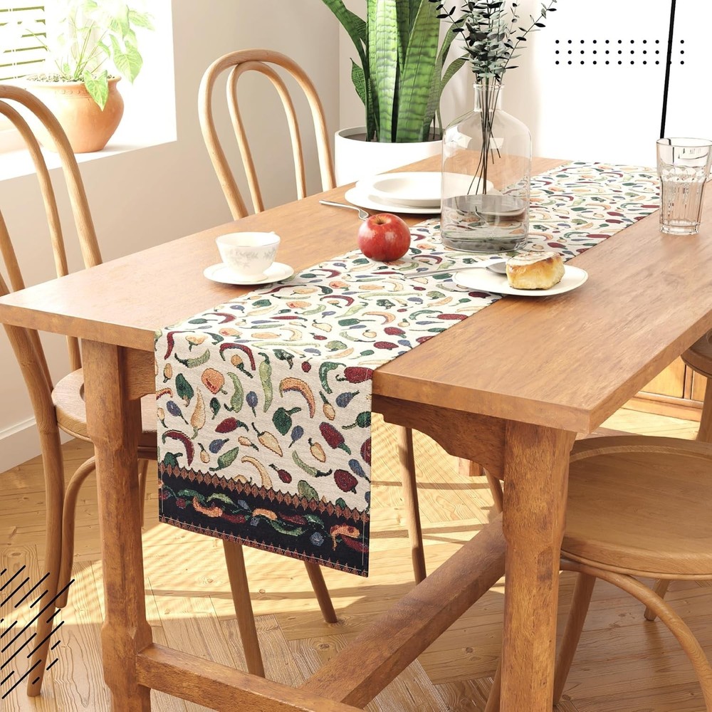 Cotton Blend Table Runner Chilies Design Size 32X200 Cm For 6 Seater Dining