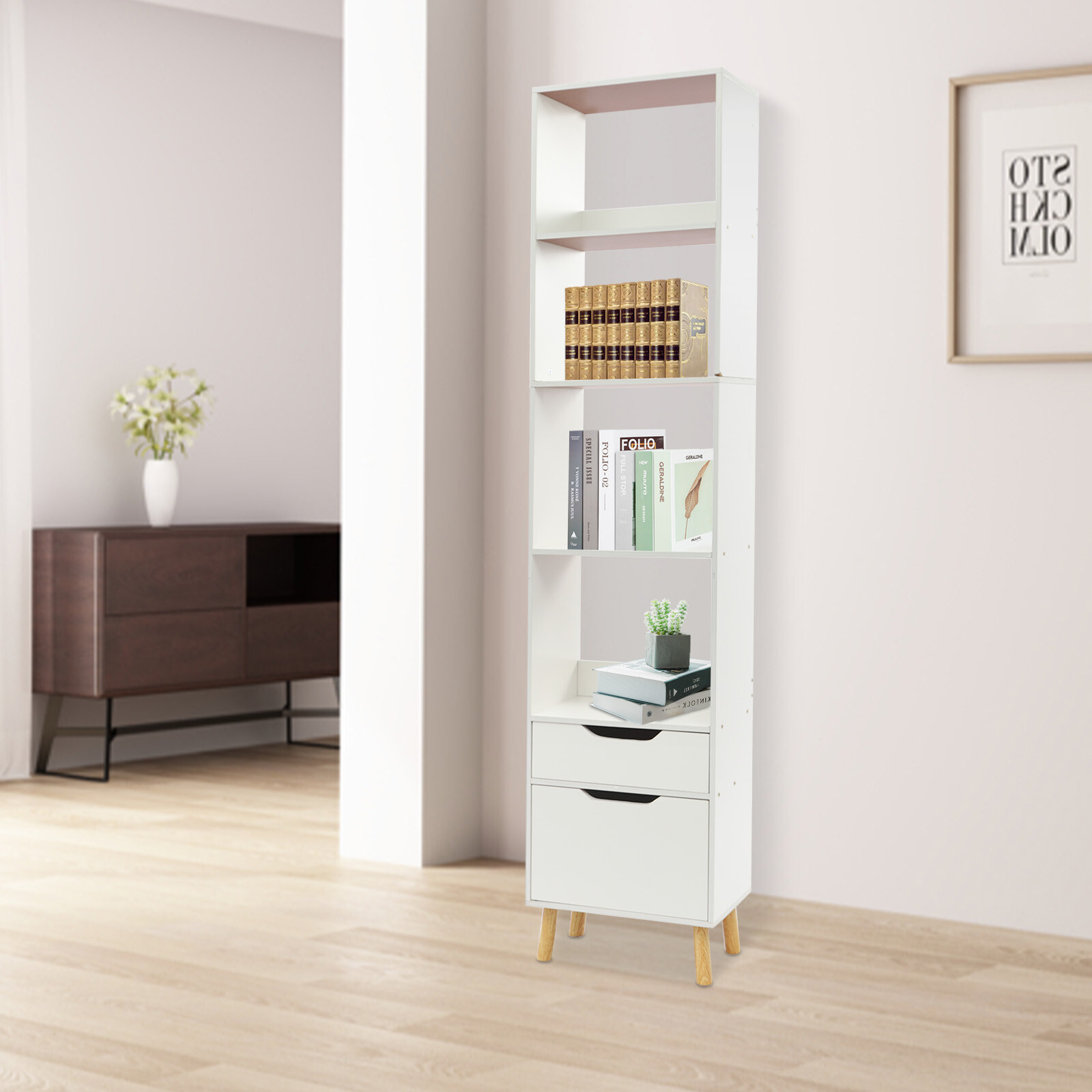 Bookshelf Display Organizer Floor Standing Bookcase Storage Rack with Drawers gallery