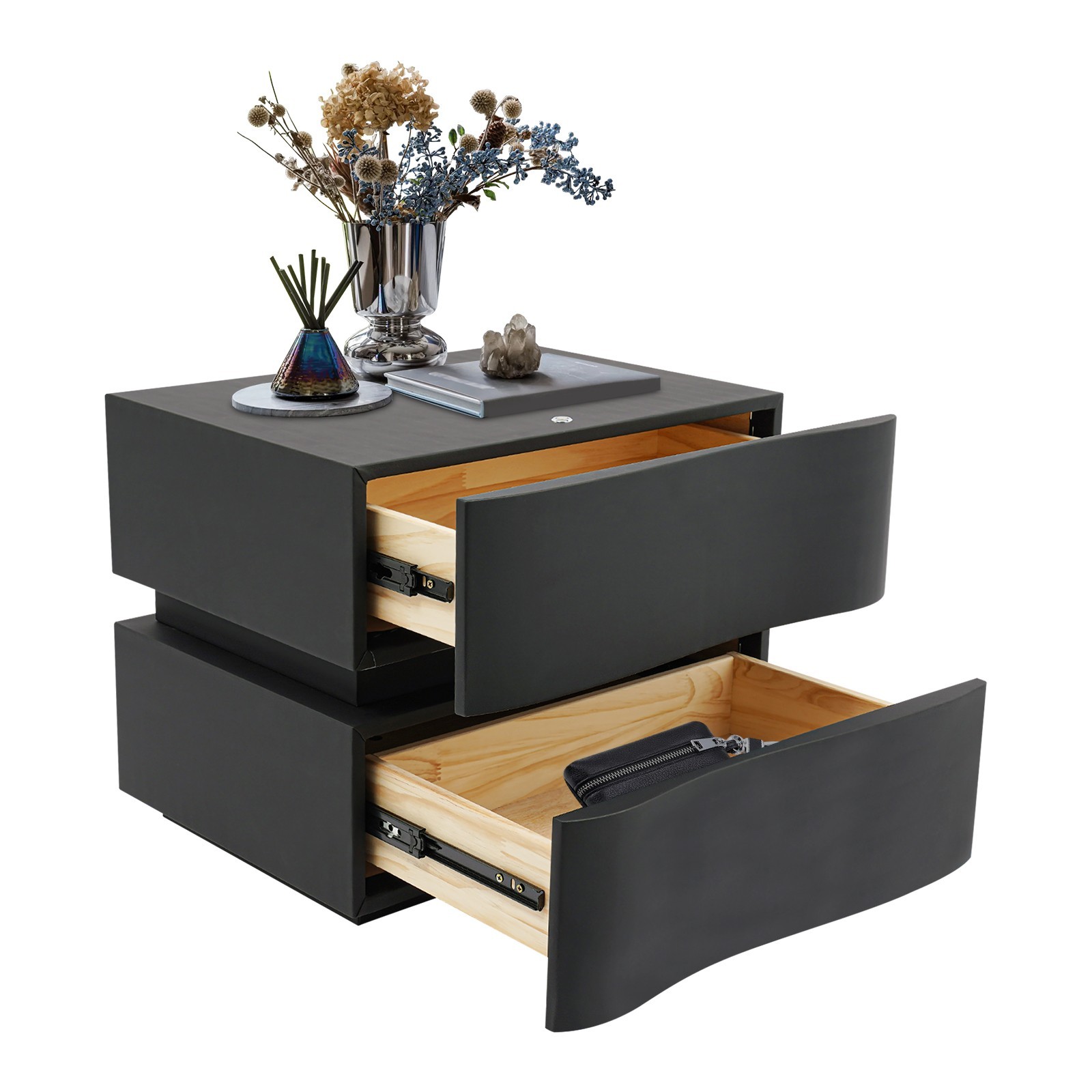 Modern Narrow Night Stand With 2 Drawers Bedside Table With Led Light Strip gallery