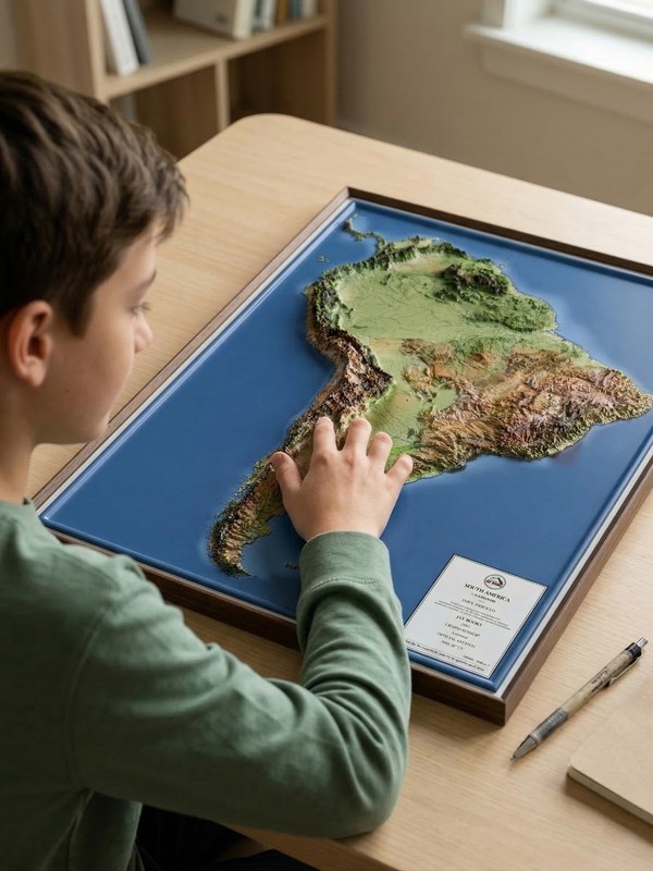 Real 3D raised relief map of South America - with touchable mountain peaks. gallery