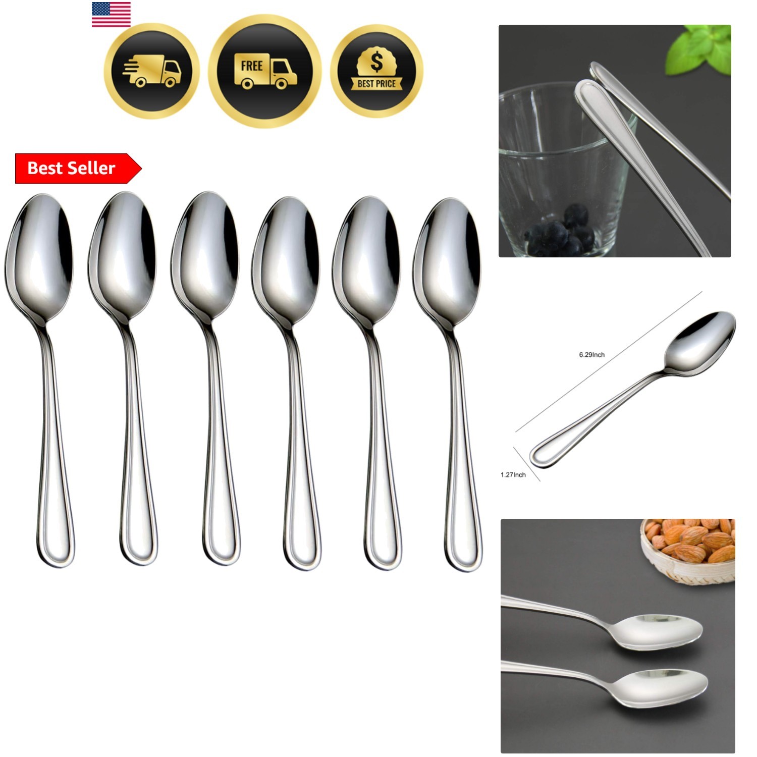 Teaspoons Stainless Steel 18/0 Tea Spoons 6 Pcs, 6.29 Inches For Home, Kitche... gallery