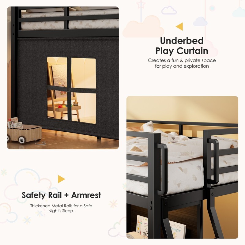 Full Size Low Loft Bed with 6 Storage Drawers, Bookcase, LED Lights Play Curtain gallery