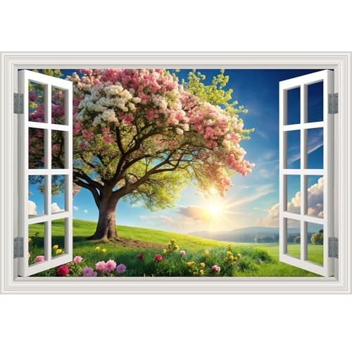 Fake Window Wall Mural Green Flowers Tree Art Poster Faux 48" x 32" Flower Tree gallery