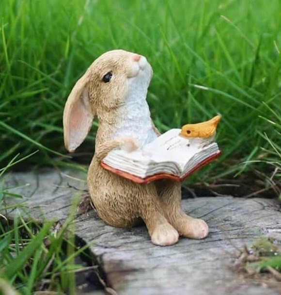 Bunny Rabbit Reading Book Figurine Miniature Fairy Garden Decor Resin Statue gallery