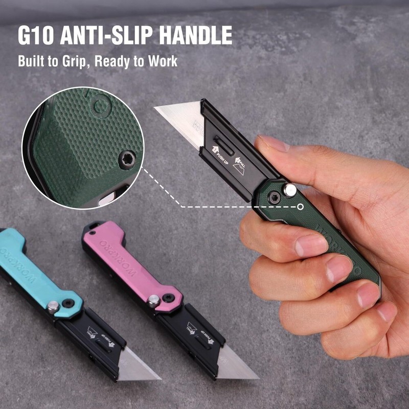 WORKPRO 3-Pack Folding Utility Knife Compact EDC Box Cutter with G10 Handle USA gallery
