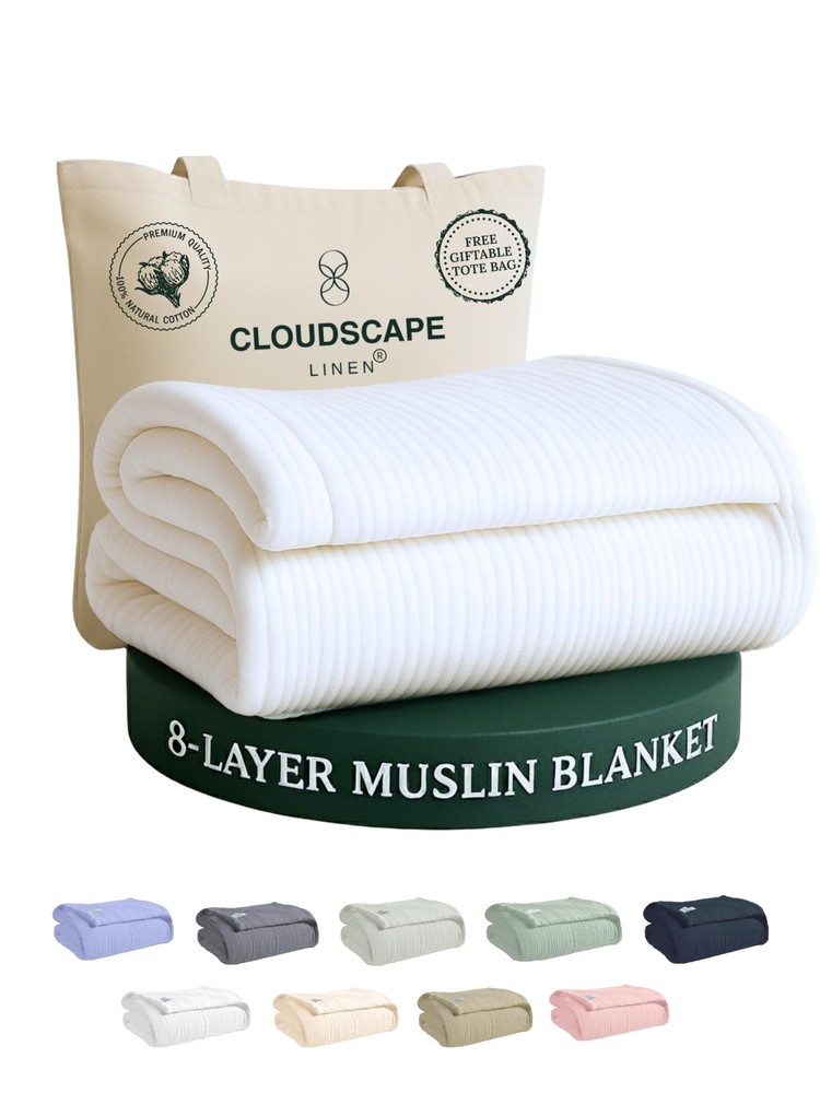 CLOUDSCAPE 8 Layer Muslin Blanket for Adults, 100% Cotton Queen Size Blankets...