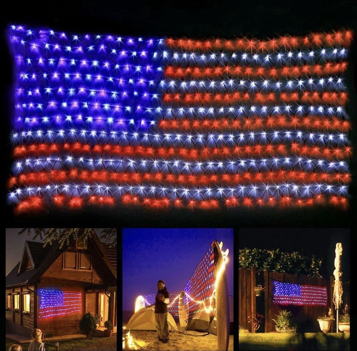 American Flag LED Net Lights - 420 LED Outdoor 4th of July Decorations - Plug In gallery