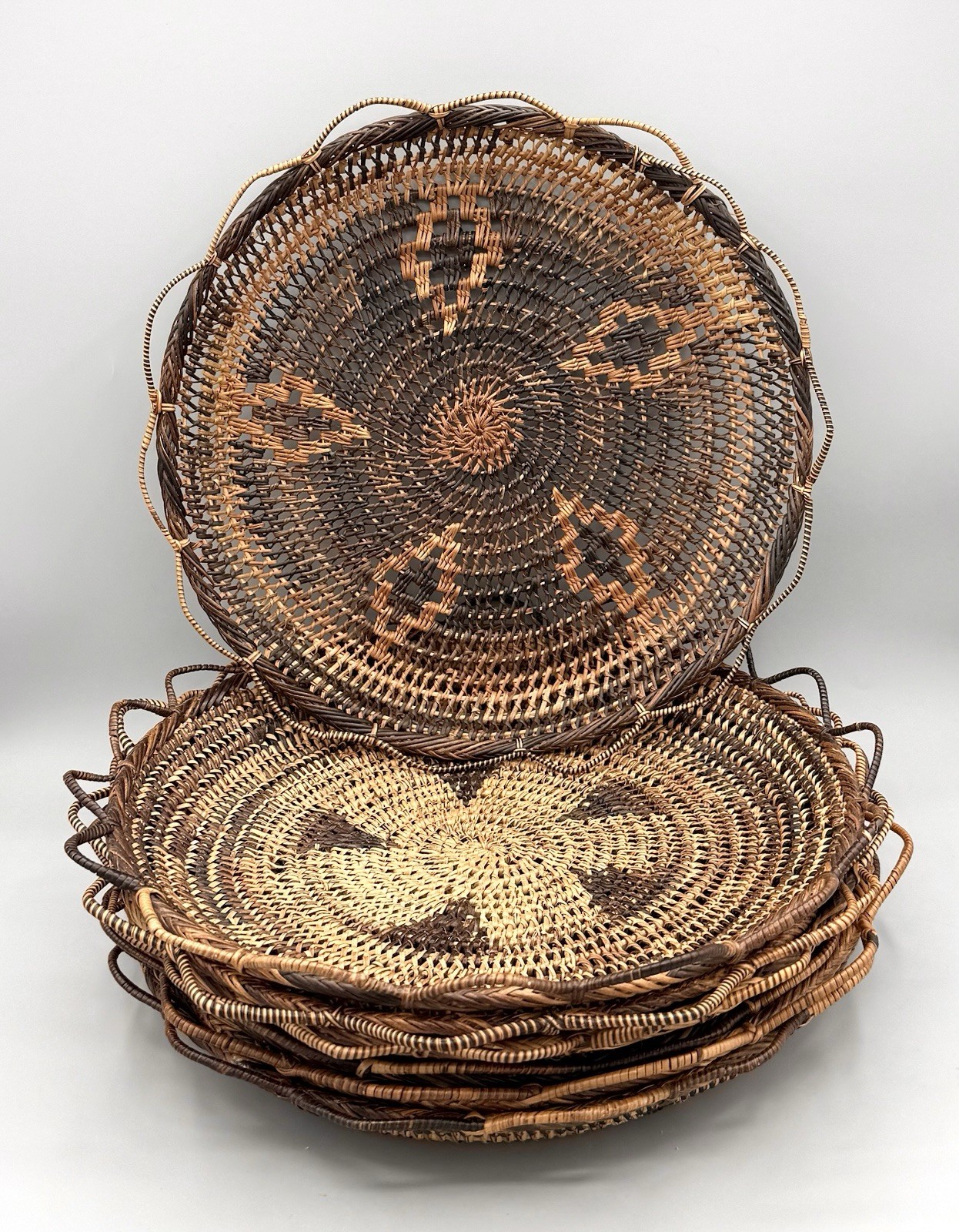 7 Boho Woven Rattan Wall Hangings Plate Basket Chargers Decor Lot Variety Brown gallery