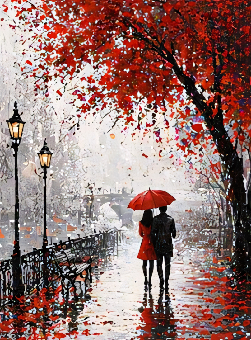 Romantic Couple with Red Umbrella Autumn Rain Canvas Wall Art - Love City Scene gallery