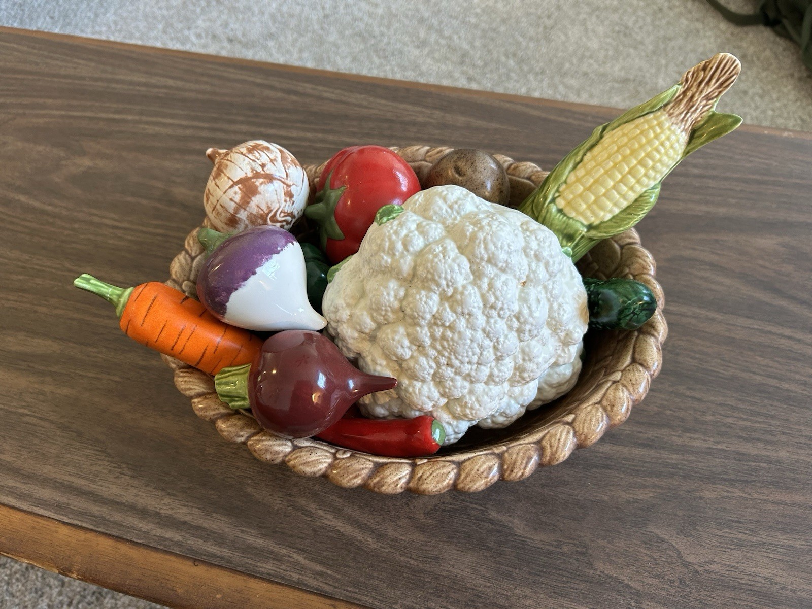 Vintage Hand Painted Ceramic Vegetable Basket 12pc Set MINT - Hobbyist Signed ER gallery