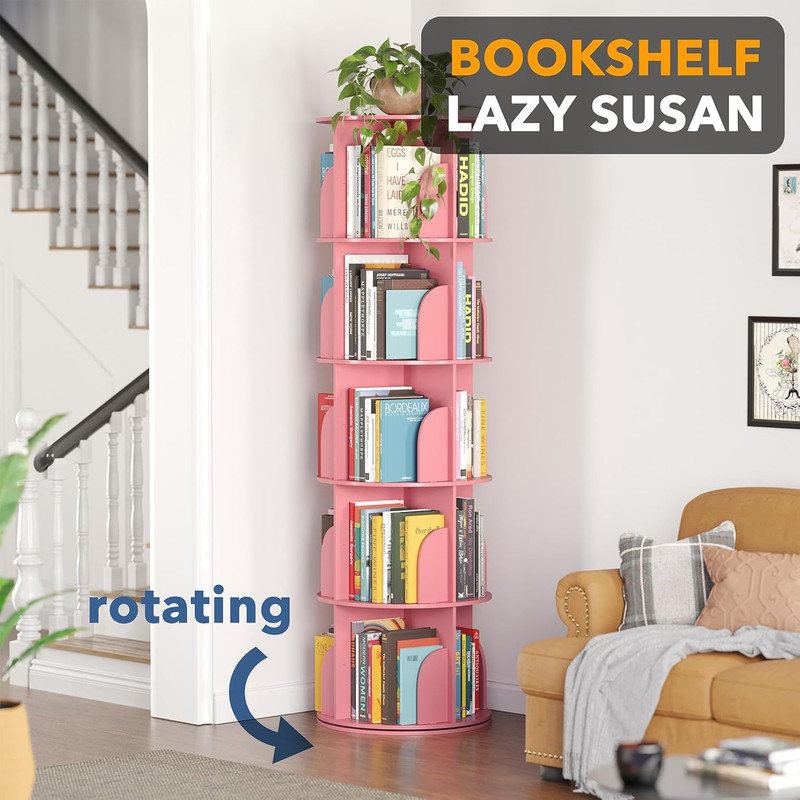 Pink 5-Tier Rotating Bookshelf Tower - 360° Spinning Bookcase Organizer gallery