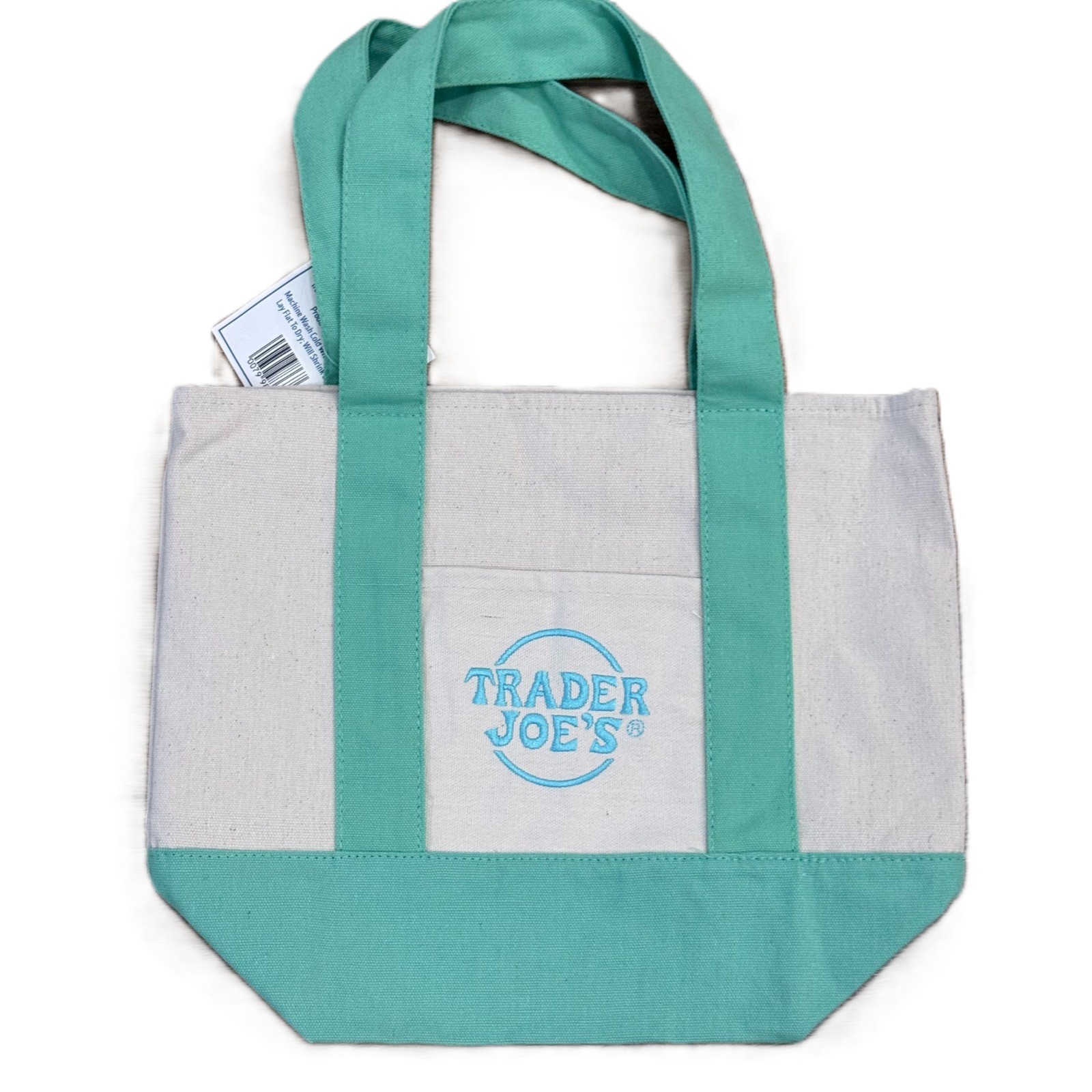 Trader Joe's Mini Pastel Canvas Tote Bag Teal Green Cream NWT 79986 gallery