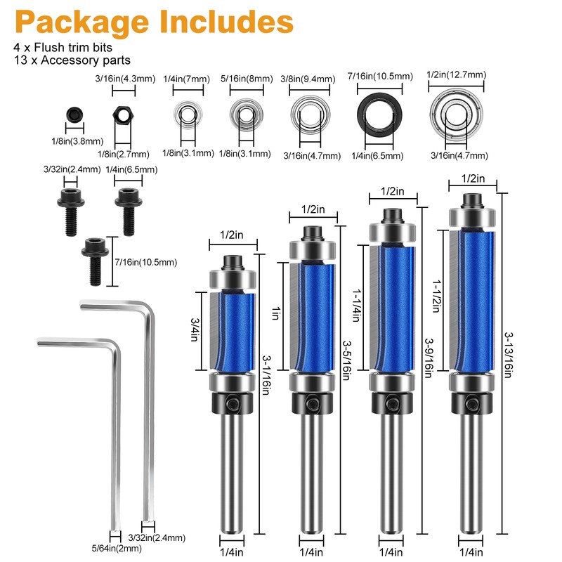 4x Carbide Flush Trim Router Bits 1/4" Shank 1/2" Cutting Dia Top Bottom Bearing gallery