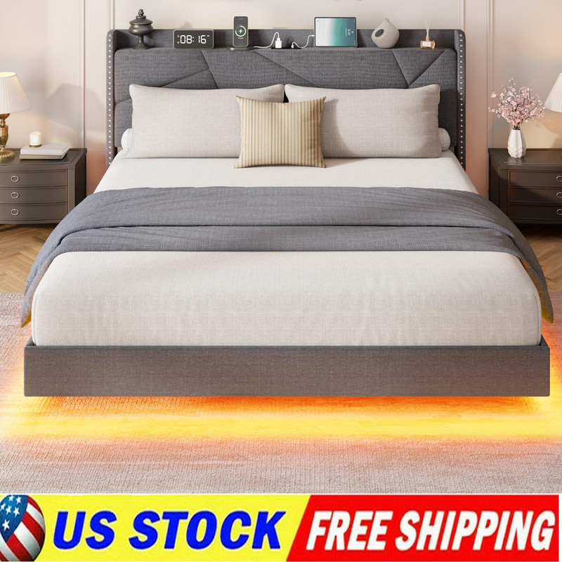 Floating Bed Frame Full Queen King Size with Upholstered Headboard & Storage LED gallery