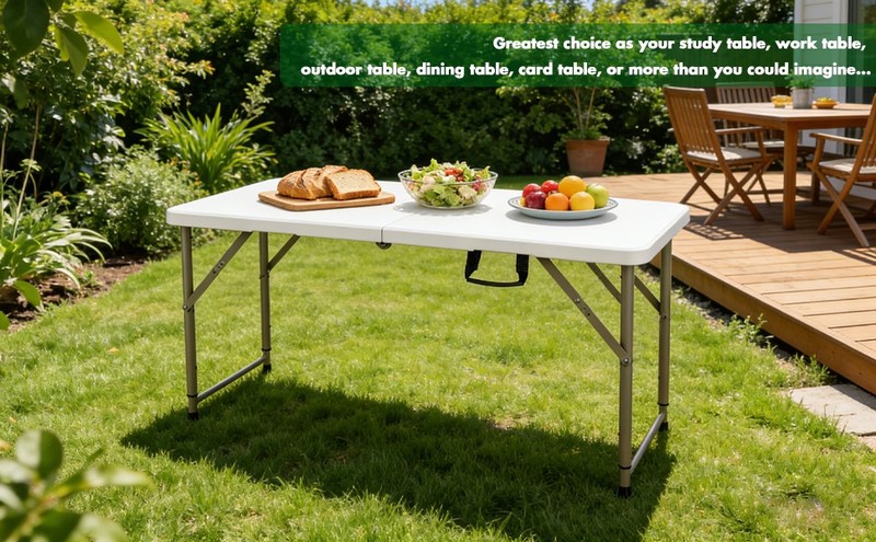 Folding Table Adjustable 4FT Plastic Table Picnic Camping w/Carry Handle White gallery