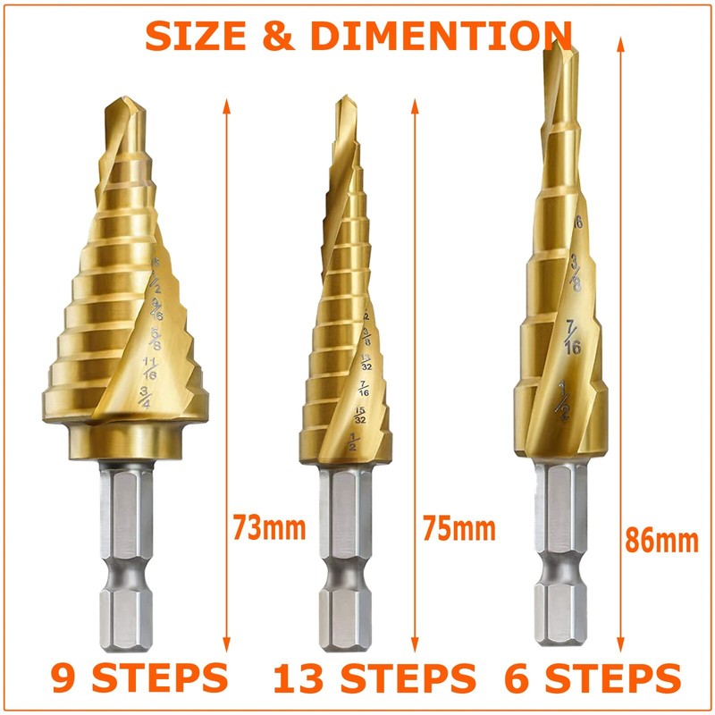 3Pcs Drill Bit Set Titanium Nitride Coated Steel Step Quick Change 1/4 Shank HSS gallery