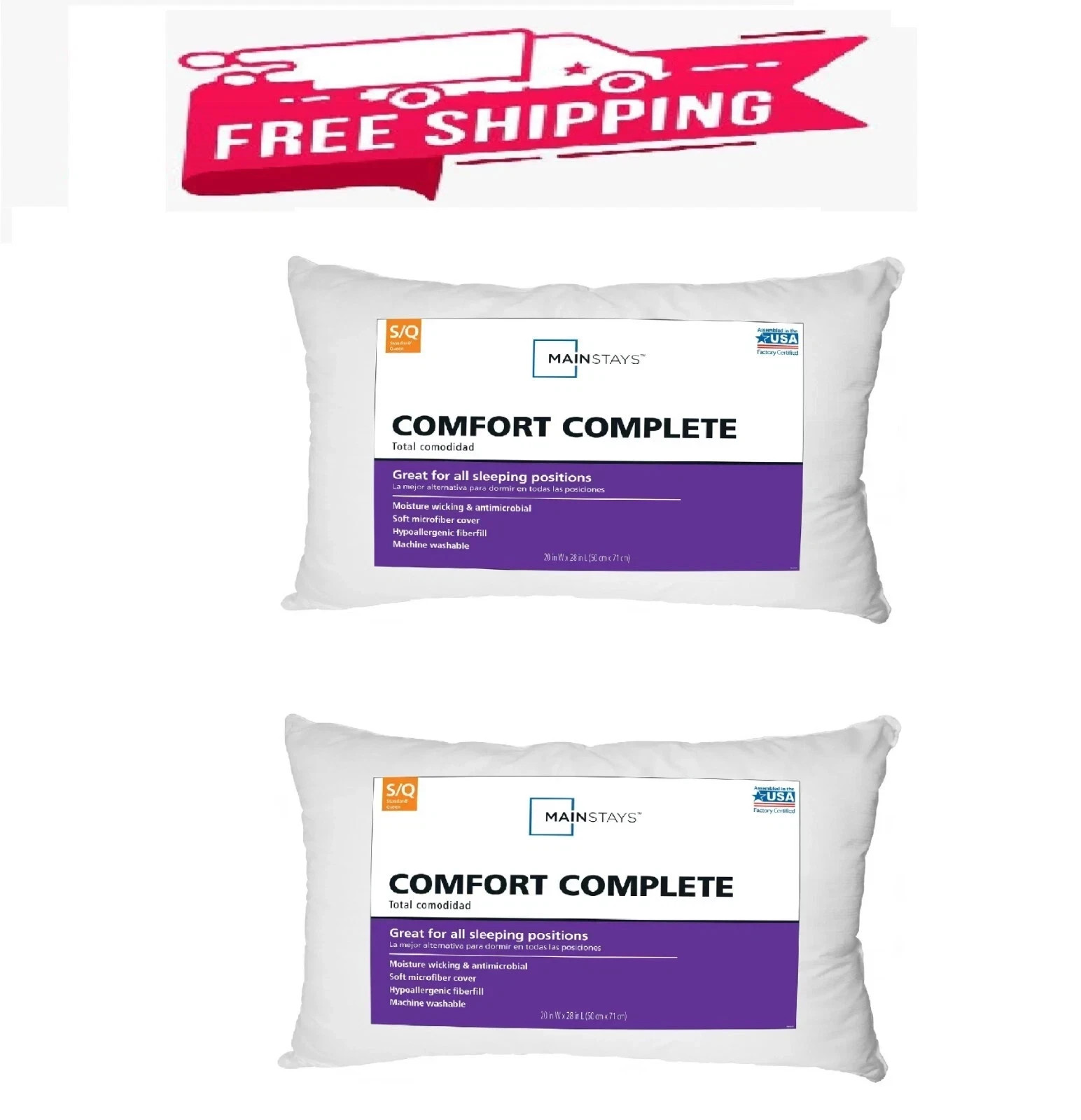 Mainstays Comfort Complete Bed Pillow, Standard/Queen (2 Pack) gallery