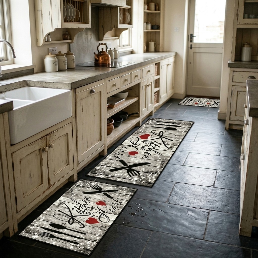 Non-Slip Washable Kitchen Floor Mat with Rustic Utensil Print Crystal Velvet gallery