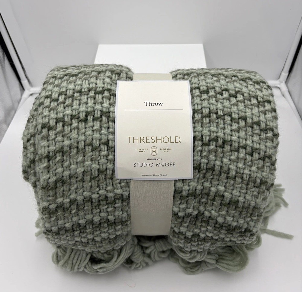 Threshold Studio McGee Throw Blanket Textured Woven Fringe Sage Green 50 x 60