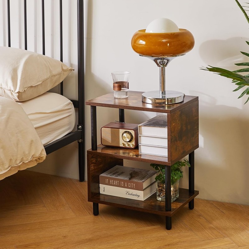 Side Table for Bedroom, Narrow End Small, Wood Legs, Rustic Brown/Black gallery