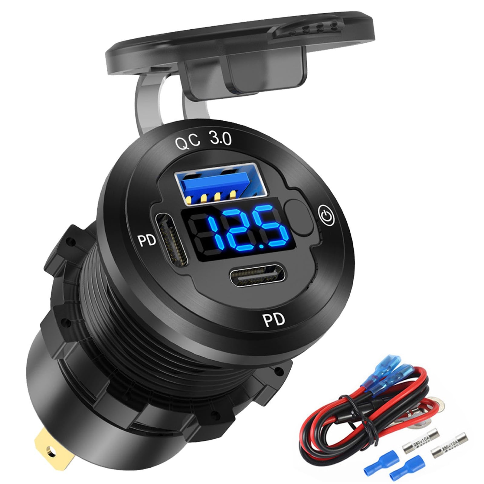 12V USB Car Socket Round C Outlet, 3-Port Marine Fast pack of one gallery