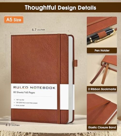 Journal Notebook, A5 Hardcover Leather Journals for Writing, 160 Lined Brown gallery