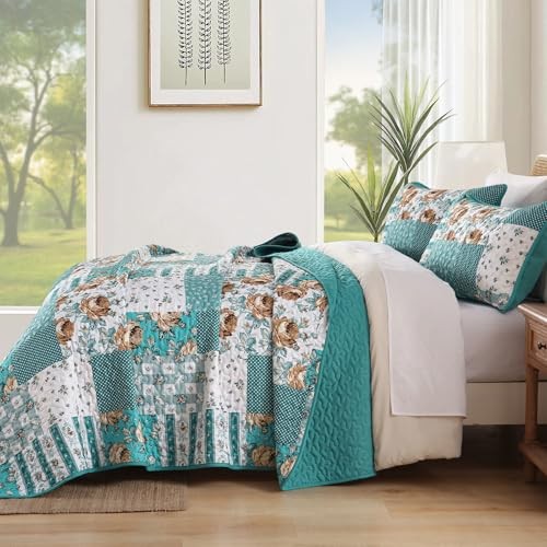Quilt Set Size Patchwork Floral Bedspread Coverlet, Soft Microfiber Queen Teal gallery