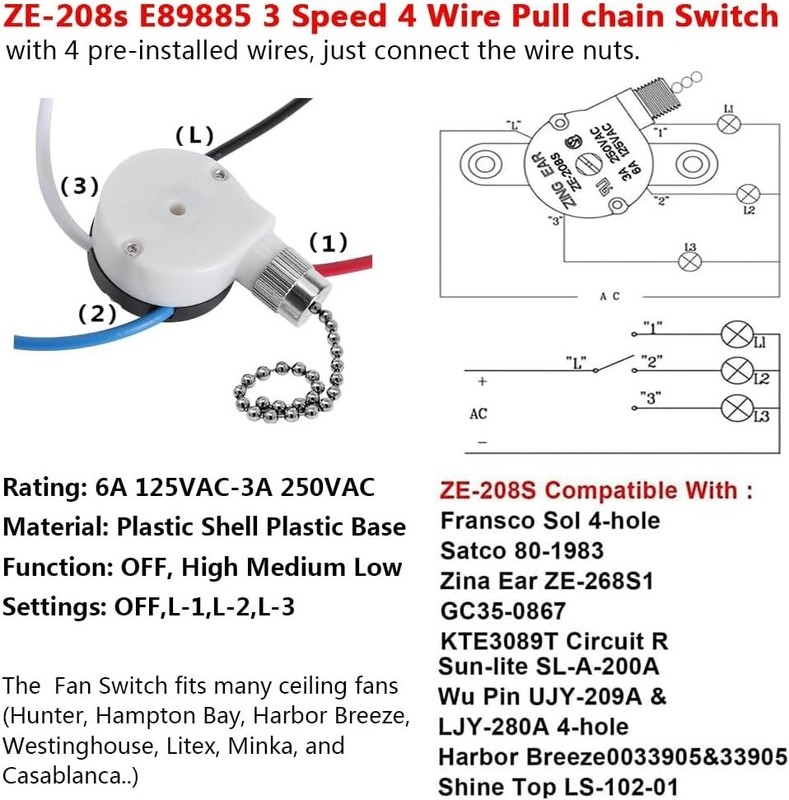 Ceiling Fan Switch 3 Speed 4 Wire Pull Chain Switch Fan Light Switch Replacem... gallery