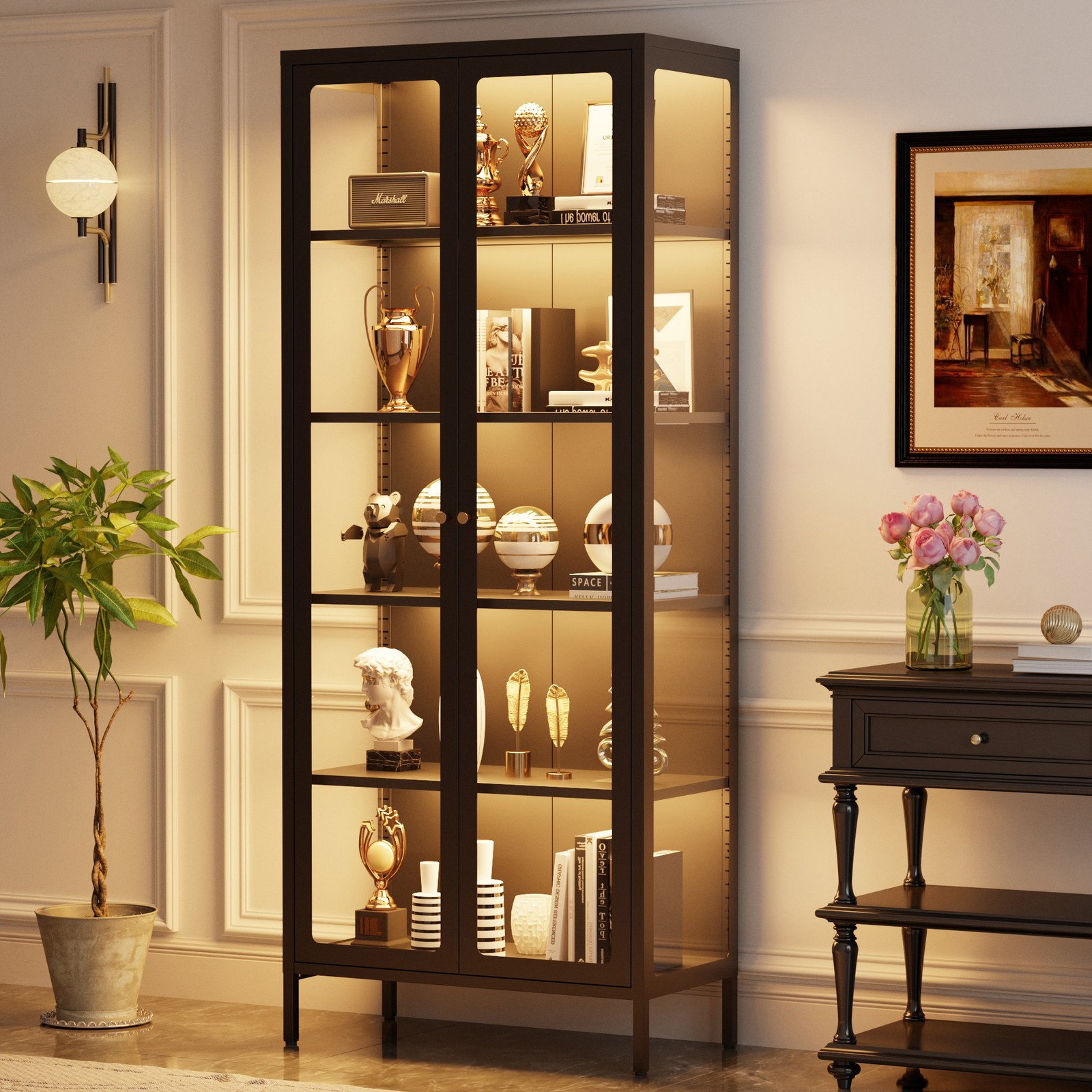 5-Tier Glass Display Cabinet 67" Lighted Curio Cabinet Collectibles Storage Case gallery