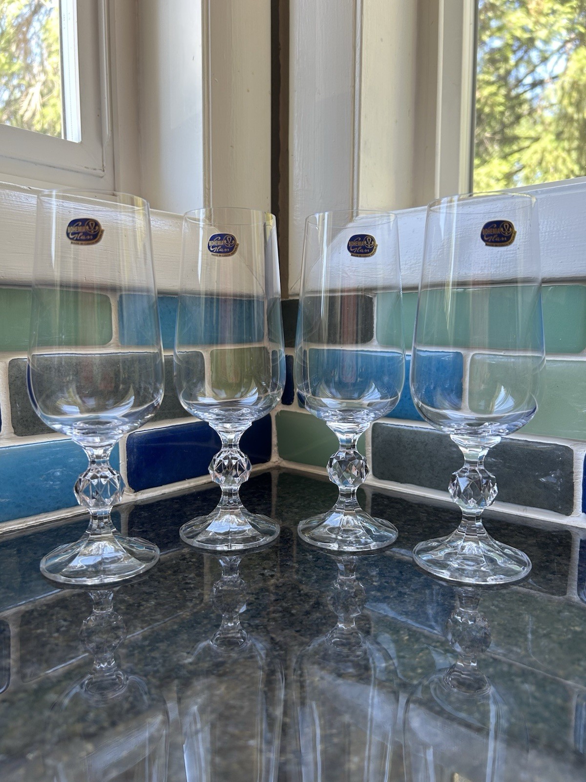 Vtg Bohemia Crystal Beer Flute Set 4 Czech Stemware 7 1/2” New 1980’s Mint gallery