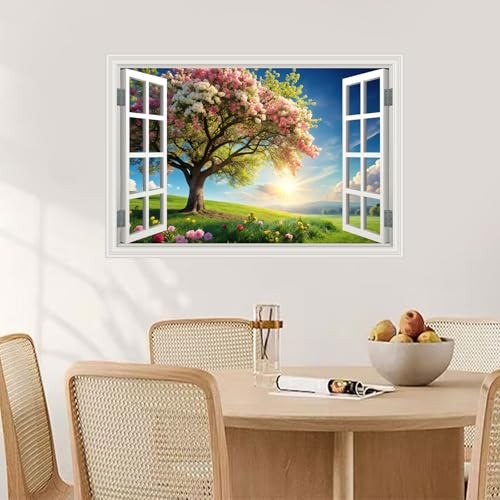 Fake Window Wall Mural Green Flowers Tree Art Poster Faux 48" x 32" Flower Tree gallery