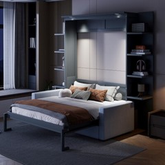 Queen Size Murphy Bed Wall Bed with Sofa Shelves and LED Lights Wood Hidden Beds