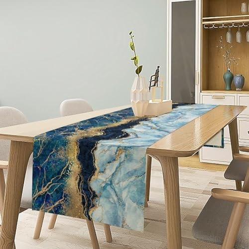 Abstract Marble Table Runner,Navy Blue Gold 13"W x 36"L (Pack of 1) Style-55 gallery