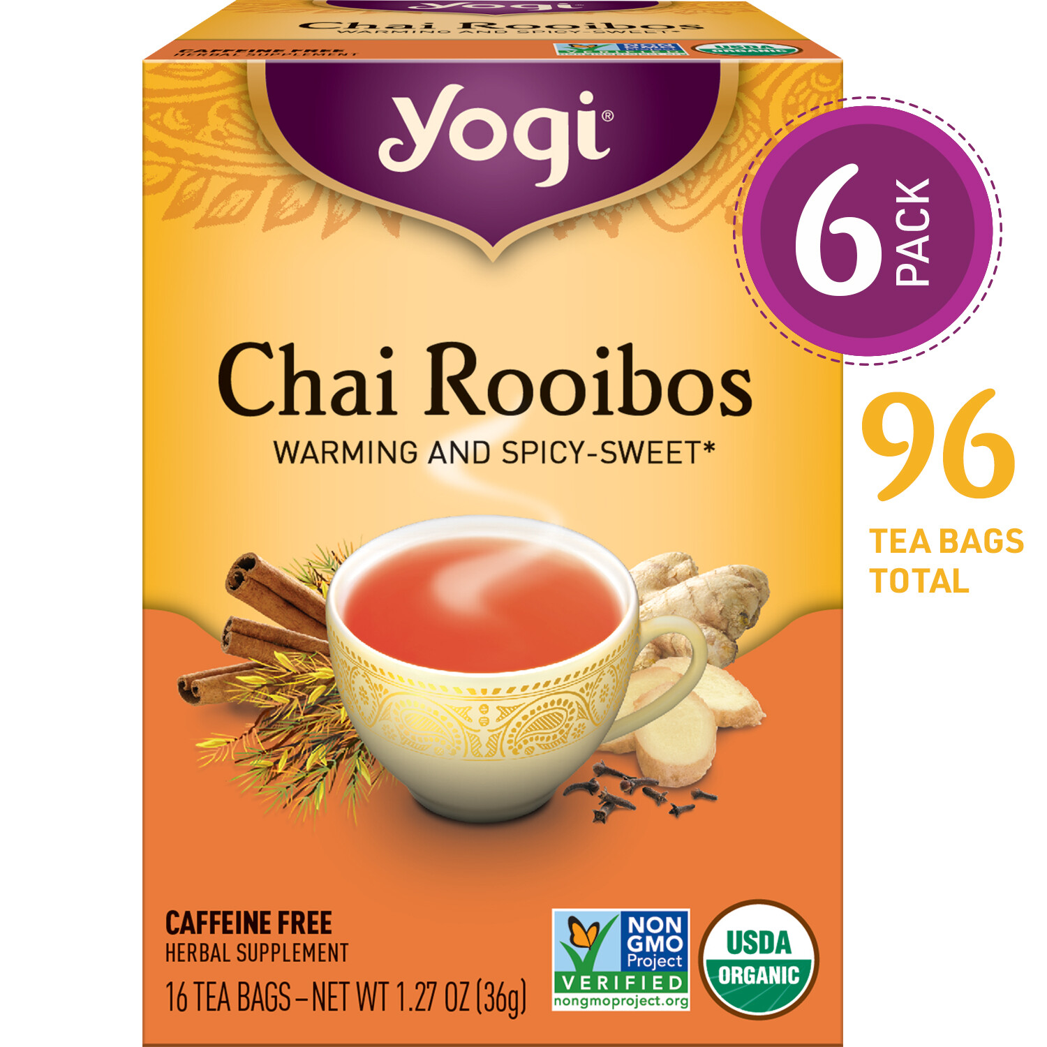 Yogi Tea - Chai Rooibos - Warming and Spicy Sweet - 6 Pack, 96 Tea Bags gallery