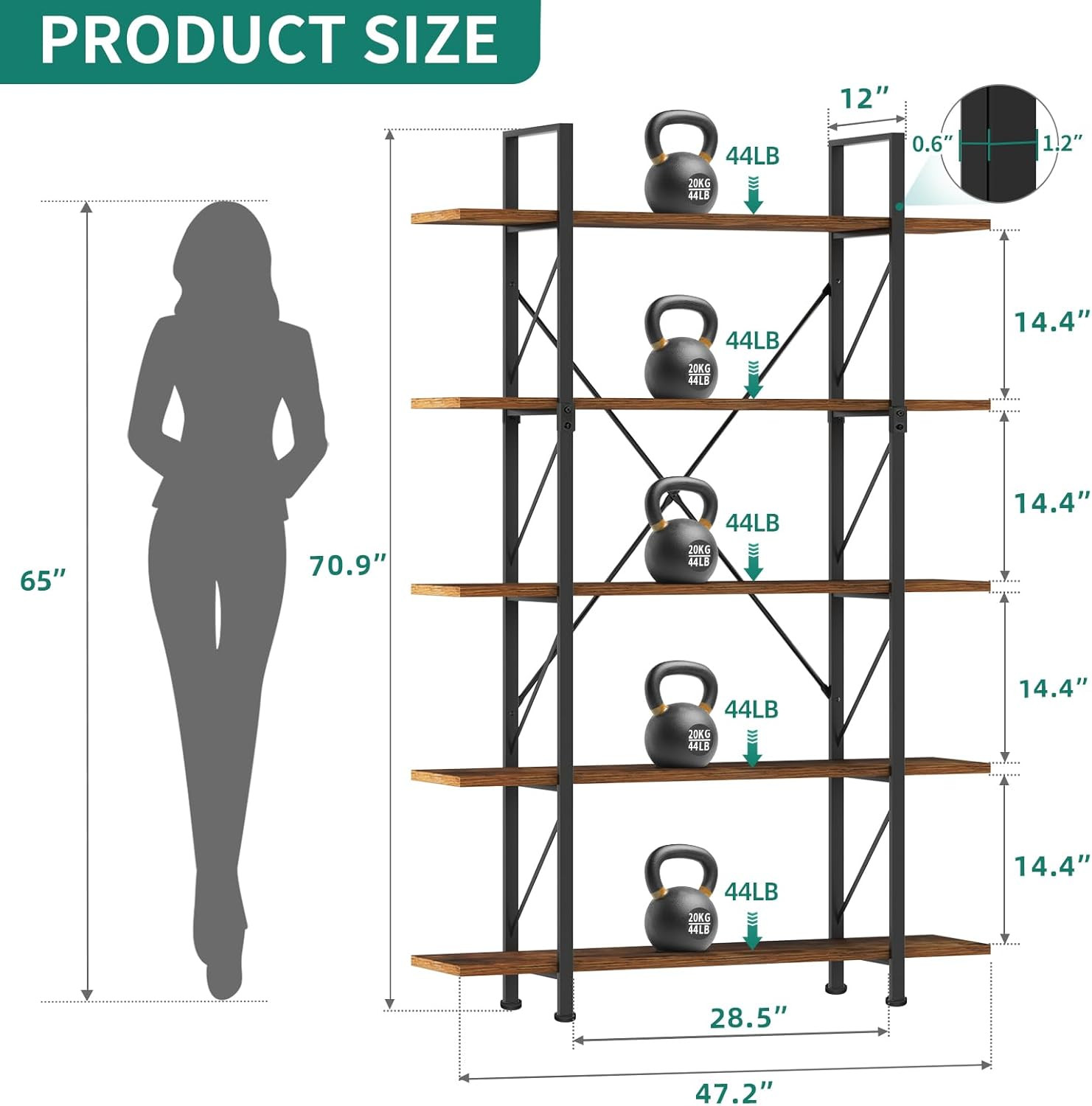 Rustic Industrial 5-Tier Bookshelf - Stylish Storage for Home & Office gallery