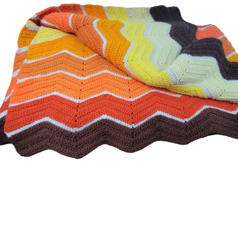 Vtg 70s Throw Blanket Granny Zig Zag Pattern Chevron Orange Brown Fall 72x60 gallery