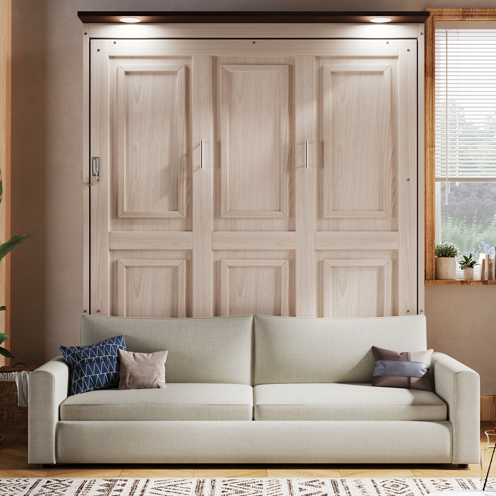 LED Queen Size Murphy Wall Bed w/Bed Frames, Hidden Bed, Wooden Daybed, Sofa Bed gallery